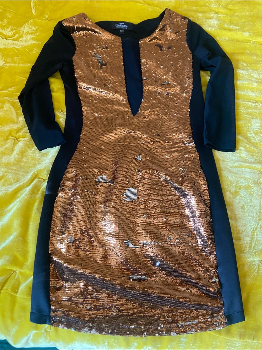 bebe Black & Copper Sequin V-Plunge Mini Dress